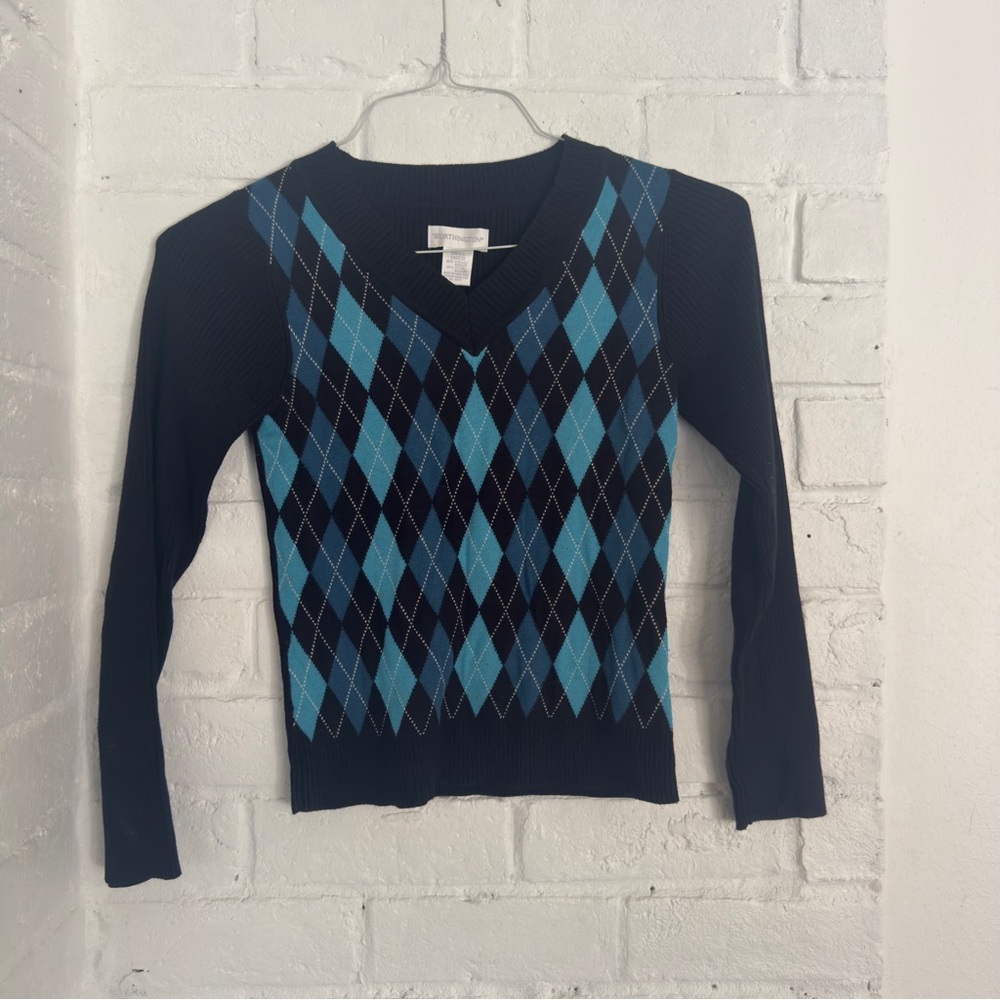 Worthington Blue Argyle Knit Sweater V Neck Preppy Small